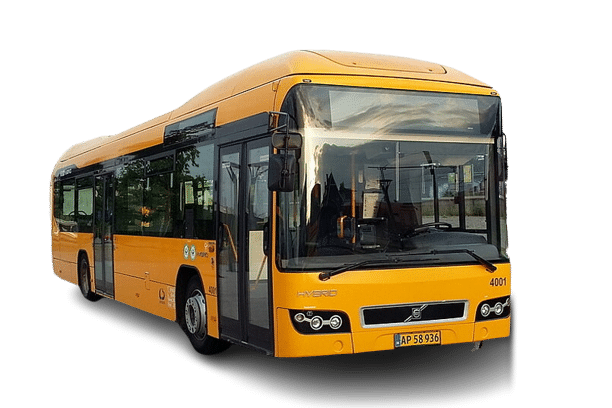 Gul hybrid bybus fra Volvo til offentlig transport, isoleret på hvid baggrund